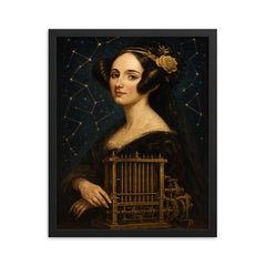 Ada Lovelace mechanical engine and constellation overlays framed print on a plain backdrop in size 16"x20".