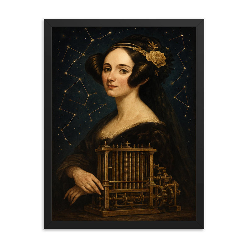 Ada Lovelace mechanical engine and constellation overlays framed print on a plain backdrop in size 18
