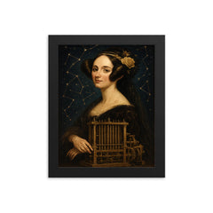 Ada Lovelace mechanical engine and constellation overlays framed print on a plain backdrop in size 8"x10".