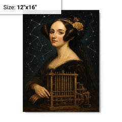 Ada Lovelace mechanical engine and constellation overlays metal print on a plain backdrop in size 12"x16".