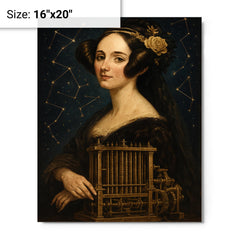 Ada Lovelace mechanical engine and constellation overlays metal print on a plain backdrop in size 16"x20".