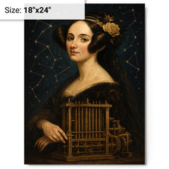 Ada Lovelace mechanical engine and constellation overlays metal print on a plain backdrop in size 18"x24".