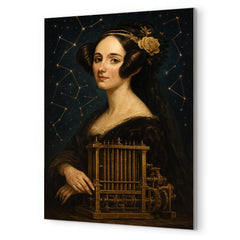 Ada Lovelace mechanical engine and constellation overlays metal print mockup