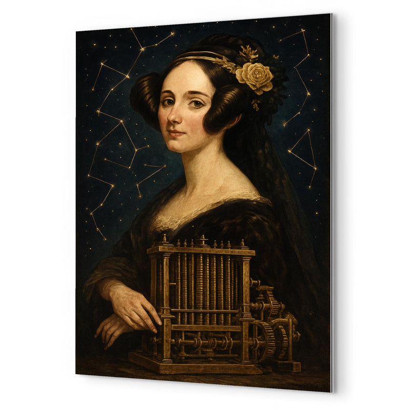 Ada Lovelace mechanical engine and constellation overlays metal print mockup
