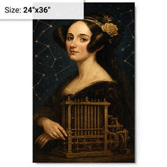 Ada Lovelace mechanical engine and constellation overlays metal print on a plain backdrop in size 24"x36".