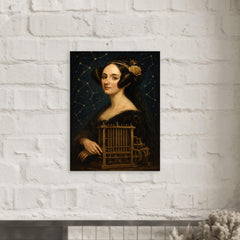 Ada Lovelace mechanical engine and constellation overlays metal print mockup