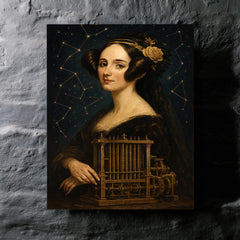 Ada Lovelace mechanical engine and constellation overlays metal print mockup
