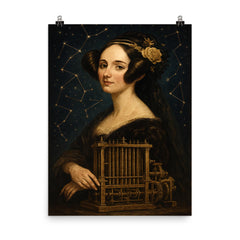 Ada Lovelace mechanical engine and constellation overlays poster on a plain backdrop in size 8"x10".