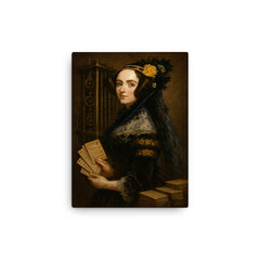 Ada Lovelace mechanical engine portrait with punched cards canvas print on a plain backdrop in size 12"x16".