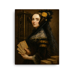 Ada Lovelace mechanical engine portrait with punched cards canvas print on a plain backdrop in size 16"x20".