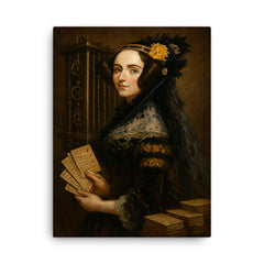 Ada Lovelace mechanical engine portrait with punched cards canvas print on a plain backdrop in size 18"x24".