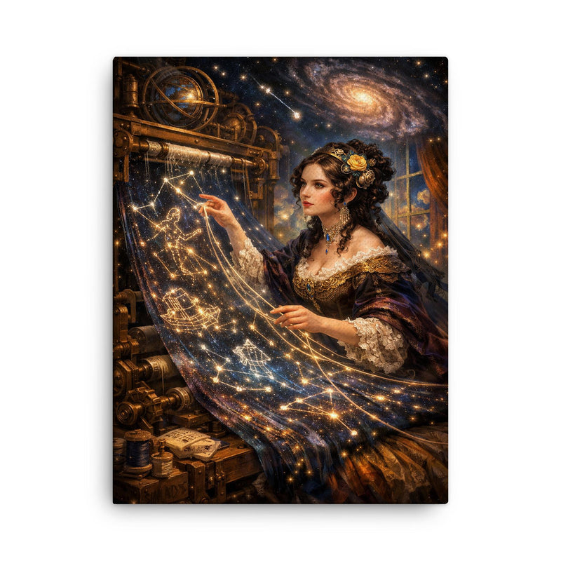 Ada Lovelace weaving algorithmic constellations canvas print on a plain backdrop in size 18