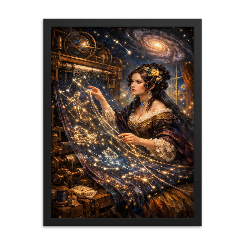 Ada Lovelace weaving algorithmic constellations framed print on a plain backdrop in size 18