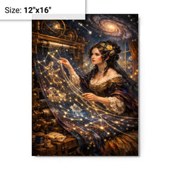 Ada Lovelace weaving algorithmic constellations metal print on a plain backdrop in size 12"x16".