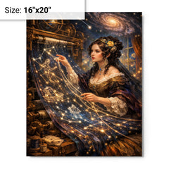 Ada Lovelace weaving algorithmic constellations metal print on a plain backdrop in size 16"x20".
