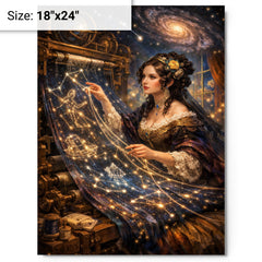 Ada Lovelace weaving algorithmic constellations metal print on a plain backdrop in size 18"x24".