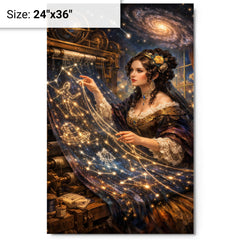 Ada Lovelace weaving algorithmic constellations metal print on a plain backdrop in size 24"x36".