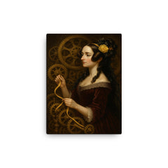 Ada Lovelace weaving code through brass gears canvas print on a plain backdrop in size 12"x16".