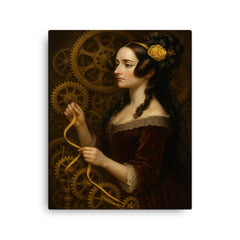Ada Lovelace weaving code through brass gears canvas print on a plain backdrop in size 16"x20".