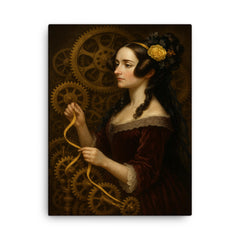 Ada Lovelace weaving code through brass gears canvas print on a plain backdrop in size 18"x24".