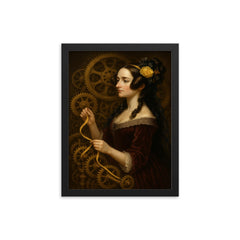 Ada Lovelace weaving code through brass gears framed print on a plain backdrop in size 12"x16".