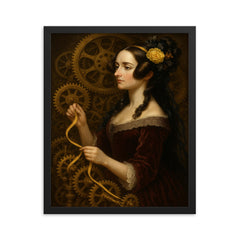 Ada Lovelace weaving code through brass gears framed print on a plain backdrop in size 16"x20".