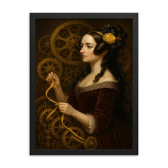 Ada Lovelace weaving code through brass gears framed print on a plain backdrop in size 18"x24".