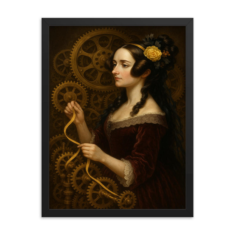 Ada Lovelace weaving code through brass gears framed print on a plain backdrop in size 18