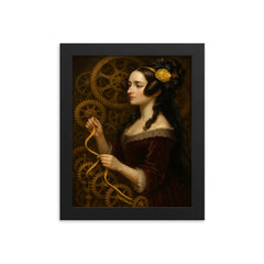 Ada Lovelace weaving code through brass gears framed print on a plain backdrop in size 8"x10".