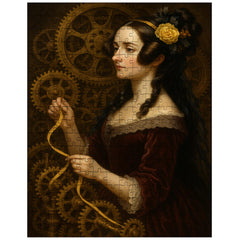 Ada Lovelace weaving code through brass gears jigsaw puzzle