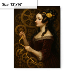 Ada Lovelace weaving code through brass gears metal print on a plain backdrop in size 12"x16".