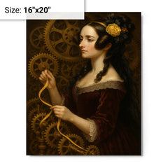Ada Lovelace weaving code through brass gears metal print on a plain backdrop in size 16"x20".