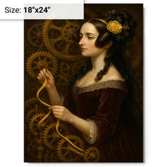 Ada Lovelace weaving code through brass gears metal print on a plain backdrop in size 18"x24".