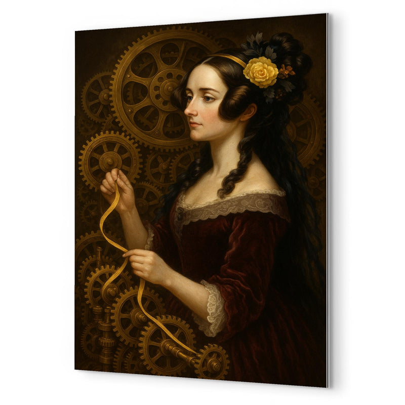 Ada Lovelace weaving code through brass gears metal print mockup