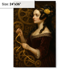 Ada Lovelace weaving code through brass gears metal print on a plain backdrop in size 24"x36".
