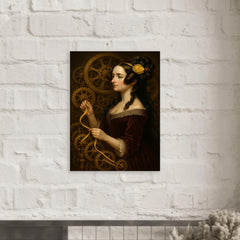 Ada Lovelace weaving code through brass gears metal print mockup