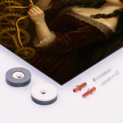 Ada Lovelace weaving code through brass gears metal print mockup