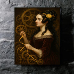 Ada Lovelace weaving code through brass gears metal print mockup