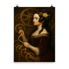 Ada Lovelace weaving code through brass gears poster on a plain backdrop in size 8"x10".