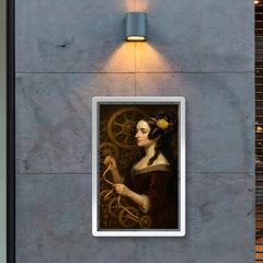 Ada Lovelace weaving code through brass gears poster 2