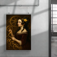 Ada Lovelace weaving code through brass gears poster 4