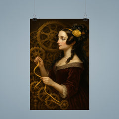 Ada Lovelace weaving code through brass gears poster 9