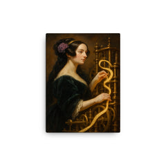 Ada Lovelace weaving code through brass machinery canvas print on a plain backdrop in size 12"x16".