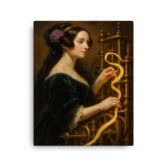 Ada Lovelace weaving code through brass machinery canvas print on a plain backdrop in size 16"x20".