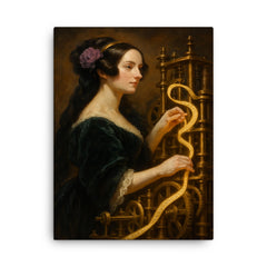 Ada Lovelace weaving code through brass machinery canvas print on a plain backdrop in size 18"x24".
