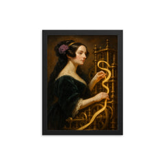 Ada Lovelace weaving code through brass machinery framed print on a plain backdrop in size 12"x16".