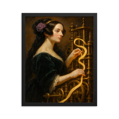 Ada Lovelace weaving code through brass machinery framed print on a plain backdrop in size 16"x20".