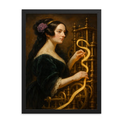 Ada Lovelace weaving code through brass machinery framed print on a plain backdrop in size 18"x24".