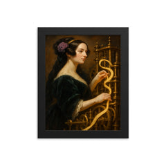 Ada Lovelace weaving code through brass machinery framed print on a plain backdrop in size 8"x10".