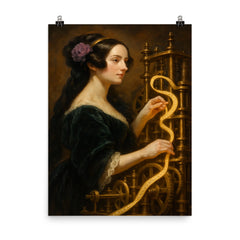 Ada Lovelace weaving code through brass machinery poster on a plain backdrop in size 8"x10".